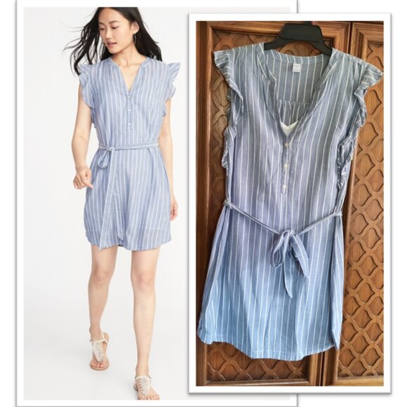 Old Navy Flutter Sleeve Tie-Belt Shirt Dress - Chambray Stripes, Size S - Picture 1 of 16